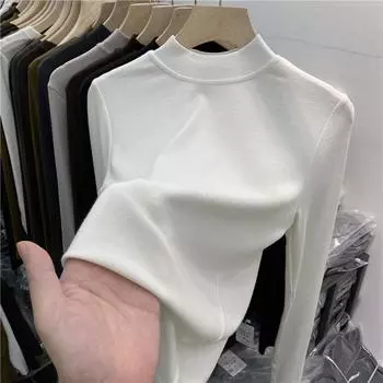 Brushed Plus Velvet Stand-up Collar Bottoming Shirt for Women Long-sleeved Cotton T-shirt Autumn and Winter New Style Half Turtleneck Versatile Inner S