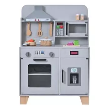 BTM Play House Kitchen Деревянная кухня со светом и звуком Ледогенератор Кухонная утварь Приправы Ингредиенты Овощи Обучающая игрушечная плита Микроволновая печь серый