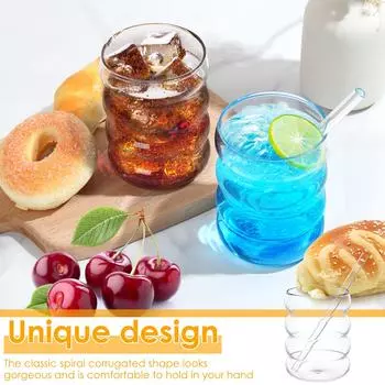 Bubble Drinking Glasses with 4Pcs Straws 10oz Ribbed Drinking Glass Cups Temperature Resistant Bubble Glass Tumblers Wide 201-300ml