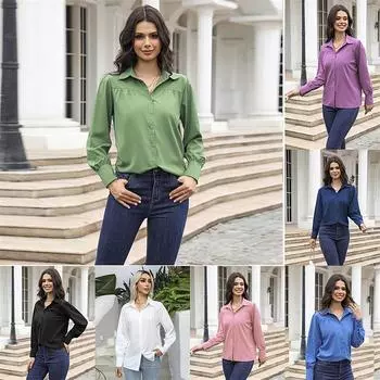 Buckle Top Lantern Sleeves Pleated Blouses Solid Color Stand Collar Loose Long Sleeve Women s Shirt S белый