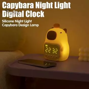 Будильник Capybara с ночником, регулируемой яркостью, функцией повтора, перезаряжаемая силиконовая лампа, настольная лампа с милым изображением животного жёлтый