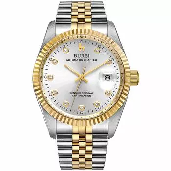 [BUREI] Automatic Watch Men s Waterproof Stylish Date Analog Watch Mechanical Men s Popular Men s Gold White Brand Simple Watch