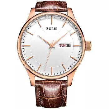 [BUREI] Men s Simple Waterproof Analog Arm Watch Men s Brand Business Quartz Leather Strap Watch Rose Gold White