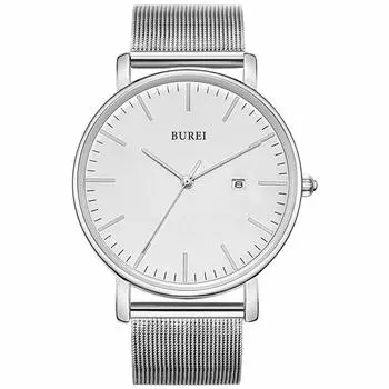 [BUREI] Men s Watch Simple Waterproof Analog Popular Watch Brand Stylish Men s Milanese Mesh Belt White Silver Watch [Parallel Import]