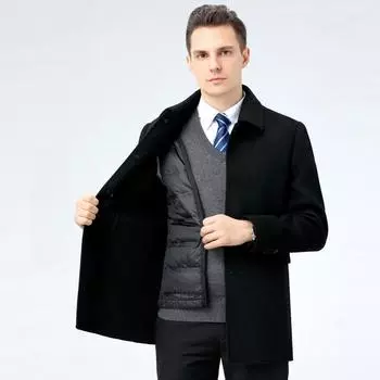 Business casual thickened removable goose down lining double-sided cashmere mid-length woolen coat men s coat windbreaker 170
