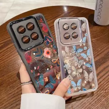 Butterfly Pattern Soft Silicone Phone Case for Xiaomi 13t Poco X6 Pro Redmi Note 12 Pro 5g with Lens Glass Shockproof Transparent Back Cover Xiaomi Poco X6 Pro чёрный