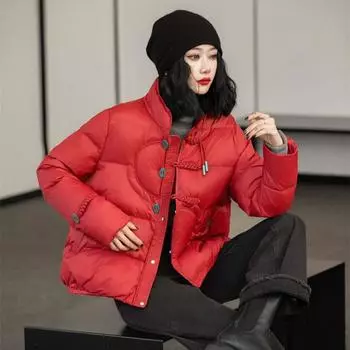 Button short down jacket women s 2024 winter new fashion stand-up collar retro warm white duck down jacket tide M фиолетовый