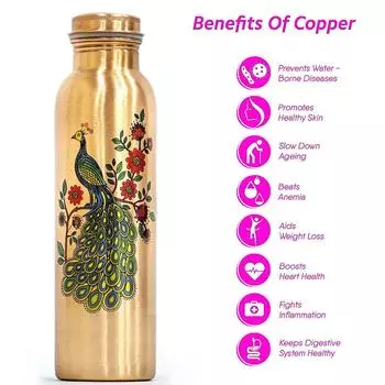 Бутылка для воды Copper Peacock Designer с усовершенствованной защитой от протечек, польза для здоровья от аюрведы и йоги. (1000мл, 1шт., упаковка 1 шт.) медный