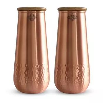 Бутылка для воды из чистой меди для спальни с деревянной крышкой, дизайн Аква-ваза с чеканным лаковым покрытием - Объем 1300 мл (Упаковка из 2 шт.)