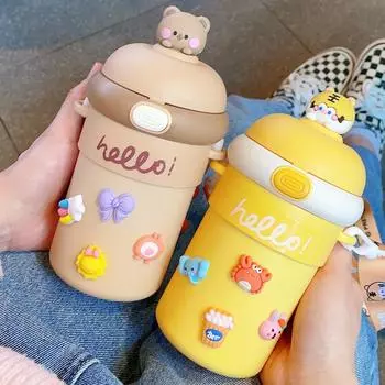 Бутылка для воды Kawaii 500 мл с трубочкой, большая емкость, стеклянная бутылка для воды для путешествий, портативный рюкзак, чайник, детская чашка, не содержит BPA 500ml белый
