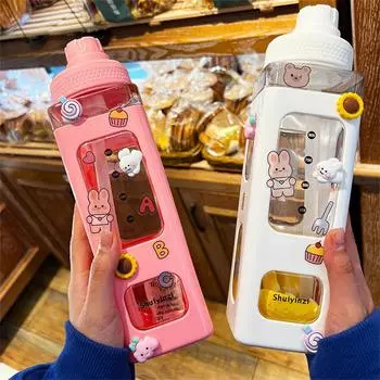 Бутылка для воды Kawaii с трубочкой 3D наклейка с милым медведем BPA Free пластиковая квадратная кружка-непроливайка портативная посуда для питья 700 мл 700ml розовый