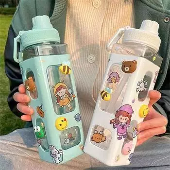 Бутылка для воды Kawaii с трубочкой 3D наклейка с милым медведем BPA Free пластиковая квадратная кружка-непроливайка портативная посуда для питья 700 мл 700ml розовый