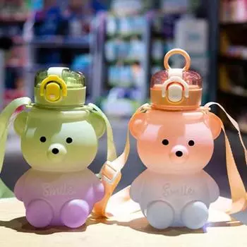 Бутылка для воды Kawaii Straw объемом 800 мл с веревкой, портативная кружка для воды с градиентом в виде медведя, герметичная кружка для питья большой емкости для детей и девочек 800ml