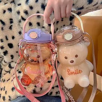 Бутылки для воды Kawaii без BPA, милый чайник в виде медведя, дорожная спортивная кружка для питья для ребенка-девочки, 1/1,4 л, большая емкость 1L