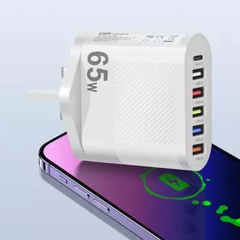 Быстрая зарядка 65 Вт, 6 портов USB Type C, Quick Charge 3.0 для iPhone 15, Xiaomi, LG, OPPO, настенный адаптер для быстрой зарядки мобильного телефона White UK Plug