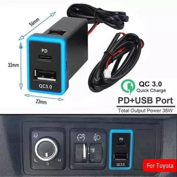 Быстрая зарядка PD QC3.0 с двумя разъемами USB, зарядное устройство для телефона, светодиодный дисплей, быстрая зарядка, адаптер питания типа C 33x23 мм 12-24 В для Toyota