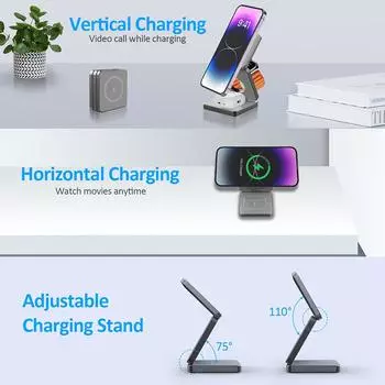 Быстрое беспроводное зарядное устройство 3 в 1, зарядная станция для iPhone 15141312ProPlusPro Max, 5 Вт, портативное US Plug чёрный