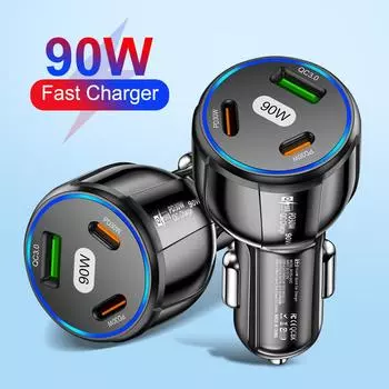 Быстрое зарядное устройство 90 Вт, 3 порта PD USB, автомобильная зарядка, адаптер типа C для мобильного телефона, быстрое зарядное устройство в автомобиле для iPhone 14 15 Pro/Max Samsung Black