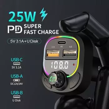 C26 Bluetooth 5.0 FM Transmitter Handsfree Car Radio Charge Modulator With Player Quick PD 25W MP3 Adapter Super P2X2 чёрный