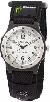 [Cactus] Часы CAC-65-M01 для мальчиков, черные, с люминесцентным циферблатом, водонепроницаемые до 10 АТМ, в комплекте простой компас