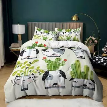 Cactus Duvet Cover Cartoon Comforter Cover Cute Dog Cat Bedding Set Potted Plant Garden Style Queen King Full Size Quilt Cover EU single(135x200cm)