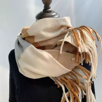 Camel Plaid Wool-Blend Thickened Scarf: Warm, Versatile Shawl for Couples, Korean-Style, Autumn/Winter 200cm хаки