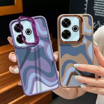 Camera Lens Stand Phone Case for Xiaomi Poco X6 X5 F6 M6 Redmi Note 13 12 11 10 Pro Soft Tpu Solid Color Shockproof Blue Wave Stripe Cover Redmi Note 13 4G чёрный