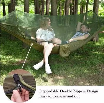 Camping Garden Hammock With Mosquito Net 2 Person Outdoor Furniture Bed Strength Parachute Fabric Sleep Swing Portable Hanging синий