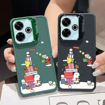 Candy Color Lens Stand Phone Case for Xiaomi Poco X6 X5 Pro Redmi Note 13 11 10 Pro 12 Shockproof Christmas Snowman Pattern Tpu Soft Slim Cover Redmi Note 13 4G чёрный
