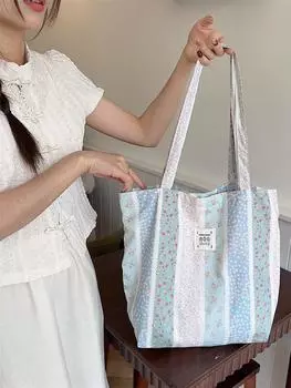 Canvas bag female ins wind romantic floral college student class schoolbag shoulder hand bag