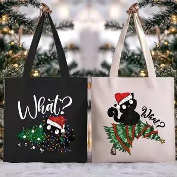 Canvas Tote Bag Black Cat with Christmas Tree Fun Christmas Gift Cartoon Shopping Bag Teen Novelty Fashion Shoulder Bag