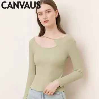 Canvaus круглый вырез с полым дизайном Sense однотонная нижняя рубашка женская с длинными рукавами тонкий топ в корейском стиле с темпераментом S чёрный