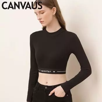 Canvaus Маленькая рубашка с высоким воротом и коротким нитью с принтом, женская тонкая укороченная рубашка с длинными рукавами для похудения S чёрный