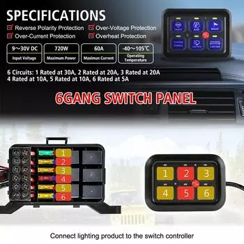 Car accessories Light Senstive Car LED Switch Panel 6 Gangs 12V Control Panel Combination Switch Light Switches On Off Switch чёрный