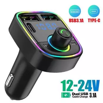 Car Bluetooth 5.0 FM Transmitter PD Type-C Dual USB 3.1A Colorful Ambient Light Handsfree MP3 Modulator Player New