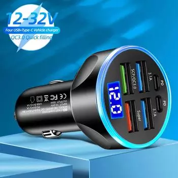 Car Charger LED 6 Ports 66W USB Fast Charge PD QC3.0 Display Voltage Car Phone Charger Type C Adapter for iPhone Samsung Xiaomi чёрный
