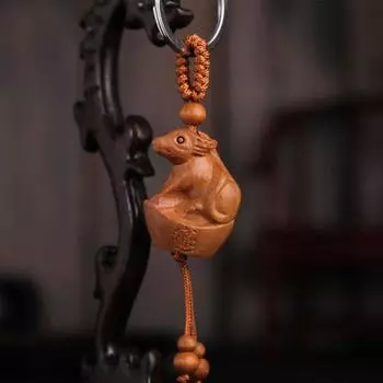 Car Key Ring Fengshui Ethnic Key Chain Chinese 12 Zodiac Keychain Mahogany Engraving Wood Keyring Ox