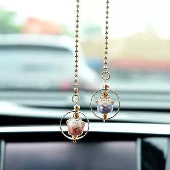Car Pendant Lucky Cat Car Rearview Mirror Decoration Ceramics Alloy Hanging Ornaments Gift Auto Mirror Accessories for Girls