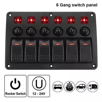 Car Switch Panel LED Light with Sticker Waterproof 6 Gang Marine Rocker Switch Panel 12~24V Circuit Control синий