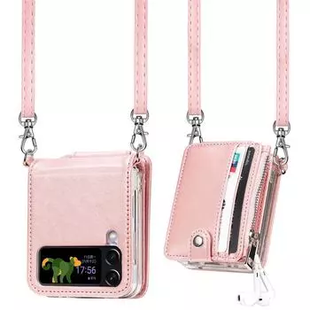 Card Slot Cell Phone Leather Case for Samsung Galaxy Z Flip4 flip5 5G Flip 5 4 flip3 flip 3 Zflip4 Phone Strap Wallet Bag Cover for Samsung Z Flip 4
