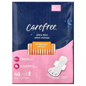 Carefree, ультратонкие, ночные прокладки, с крылышками, 40 шт.