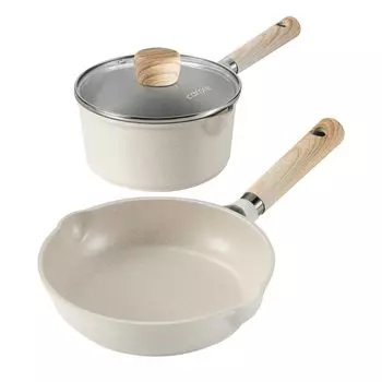CAROTE Frying Pan 18cm Pot 24cm Frying Induction Gas Free of PFOA and Other Harmful Marble Easy to Ideal for Cosy Greige 3-Piece Set + Pan, &
