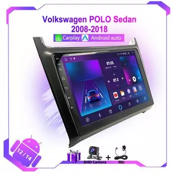 Carplay для Volkswagen VW Polo 5 Sedan 2008-2020 Автомобильный радиоприемник Мультимедийный проигрыватель Стерео Навигация GPS Головное устройство 4G WIFI Android 12