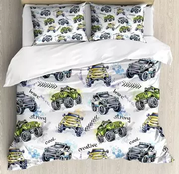 Cars Bedding Set For Bedroom Bed Home Hand Drawn Watercolored Monster Trucks Enormous Whee Duvet Cover Quilt Cover Pillowcase EU single(135x200cm)