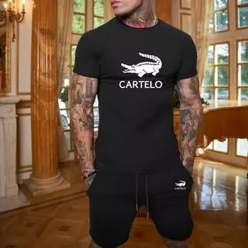 CARTELO Новые летние мужские модные однотонные шорты с принтом, повседневные спортивные шорты с короткими рукавами, комплект M чёрный