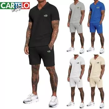 CARTELO Новые летние мужские шорты с вышивкой и v-образным вырезом, короткими рукавами, комплект из двух предметов с воротником-поло M чёрный