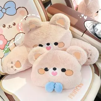 Cartoon Bear Plush Waist Support Car Neck Pillow Cushion Soft Car Headrest Waist Pillow Universal Car Pillow for Girls Women