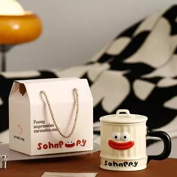 Cartoon Big Mouth Mug Smiling Face Cute Ceramic Cup with Lid Small Gift Couple Water Cup High Temperature Resistance Cup Student 400ML