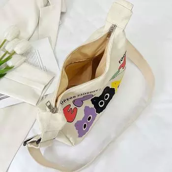 Cartoon Canvas Shoulder Bag Large Capacity Canvas Handbag Casual Printed Crossbody Bag Travel чёрный