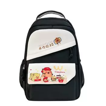 Cartoon Capybara Pattern Nylon Backpack With Striped Stitching For Travel School